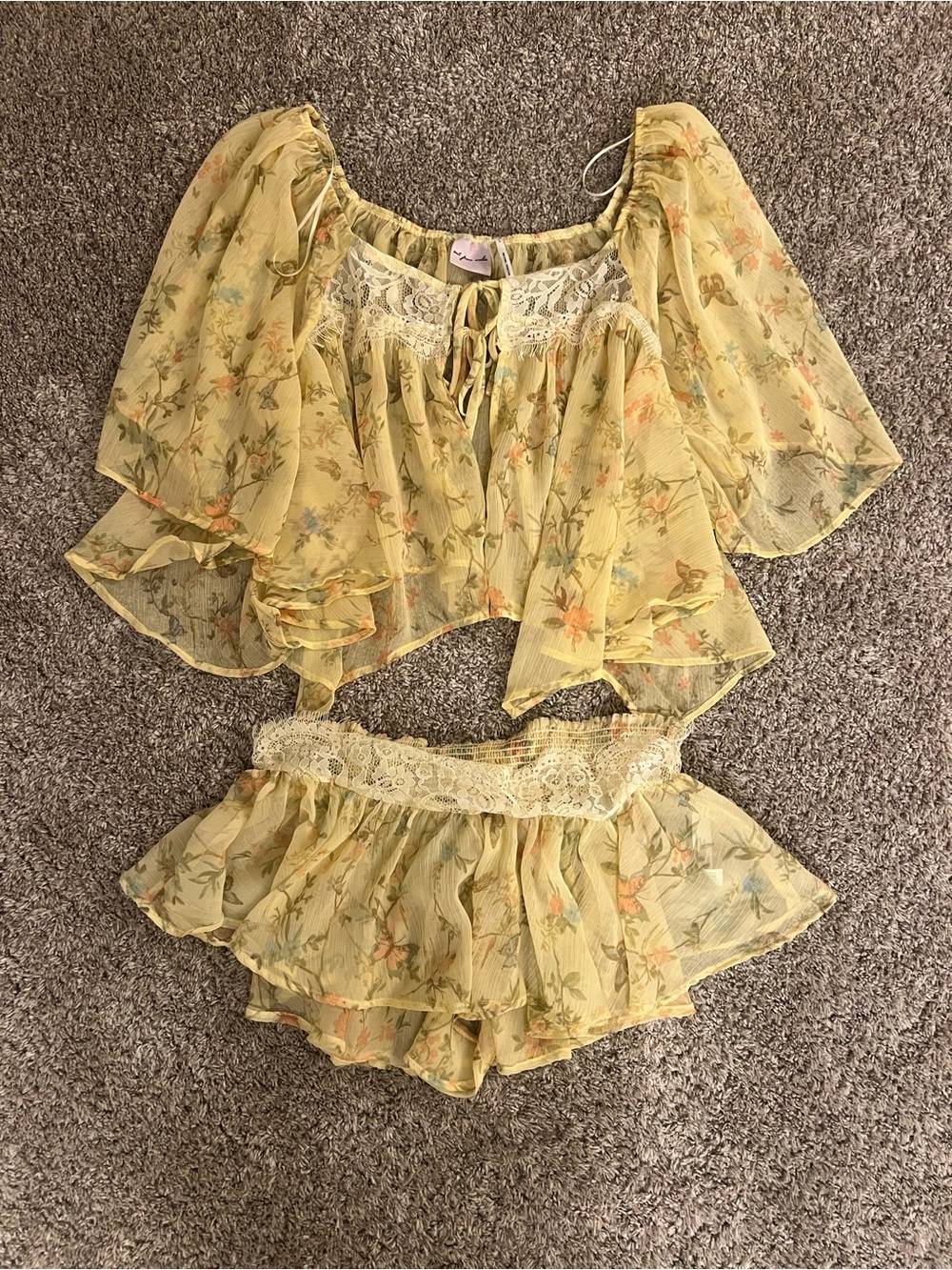 Yellow Floral Lace-Trim Sleep Set
